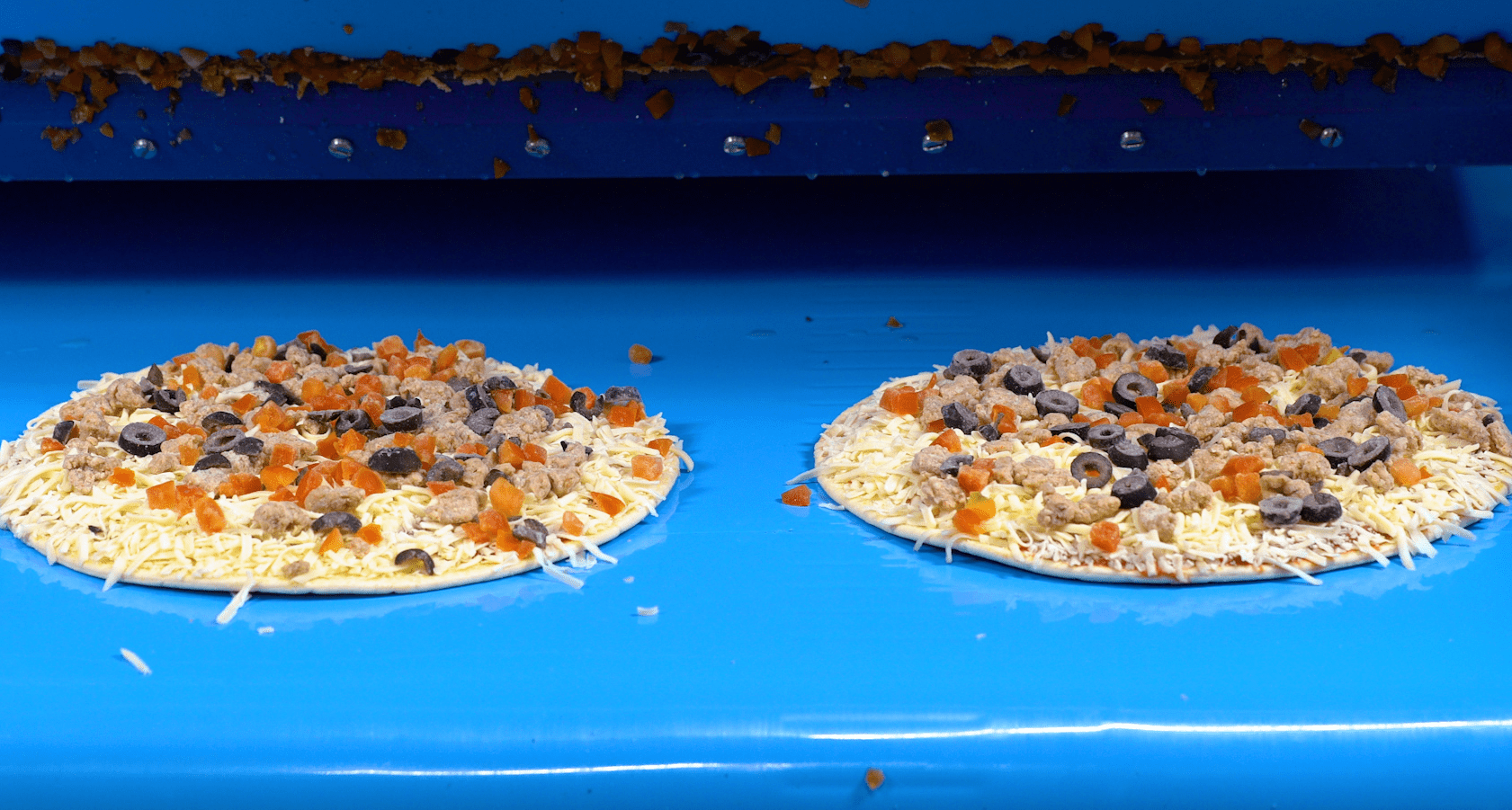 Two pizzas moving through a pizza topping applicator